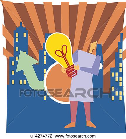 Drawing - Person holding bulb. Fotosearch