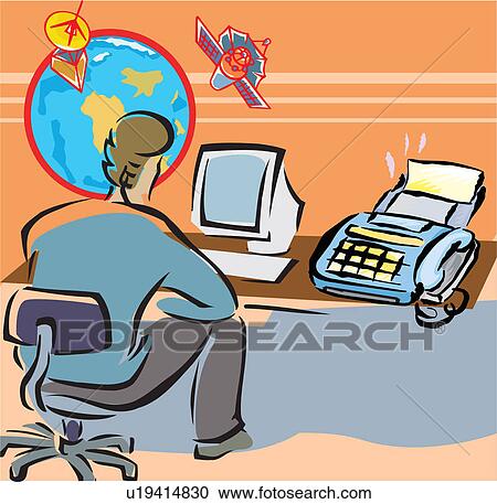 Rear view of a man working on computer in office View Large Illustration Clipart - Rear view of a man working on computer in office. Fotosearch