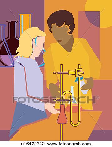 Drawing - Students doing chemistry experiment in laboratory. Fotosearch
