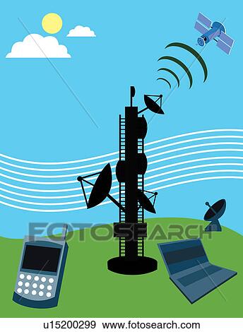 Telecom tower with satellite, laptop and mobile phone Stock