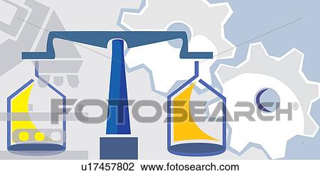 Drawing - Weighing scales with cogwheels in the background. Fotosearch