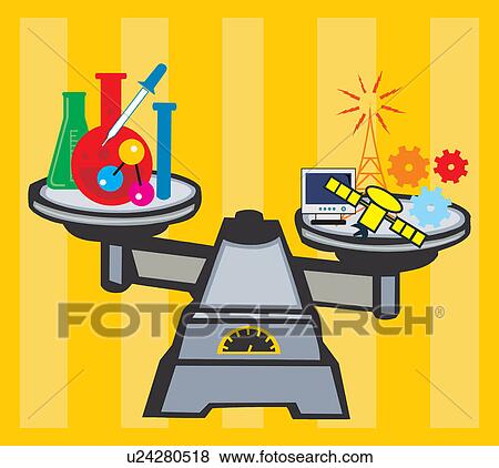Stock Illustration - Weighting scale with beakers, computer and cogwheels . Fotosearch