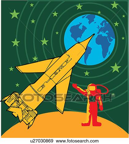 Astronaut by the rocket in space with earth and stars in the background View Large Illustration Stock Illustration - Astronaut by the rocket in space with earth and stars in the background. Fotosearch