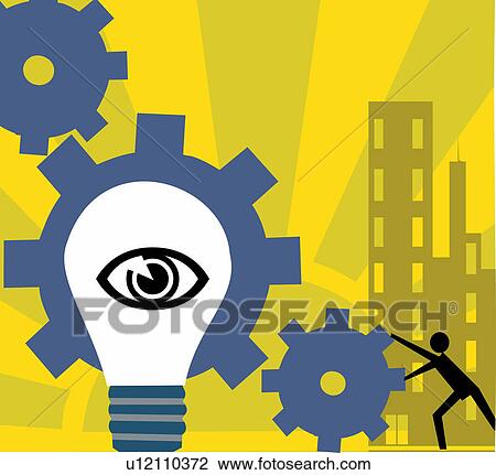 Drawing - Bulb with human eye and cog wheels. Fotosearch