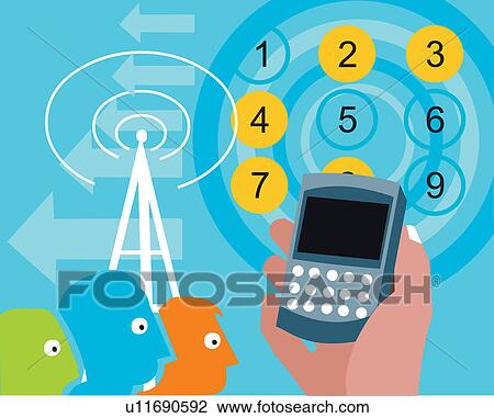 Cellphone in hand with tower and numbers View Large Illustration Drawing - Cellphone in hand with tower and numbers. Fotosearch