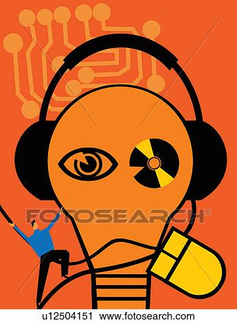Clip Art - Close-up of bulb with headphone and cd. Fotosearch
