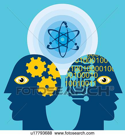 Stock Illustration - Close-up of heads with cogwheels and atoms. Fotosearch