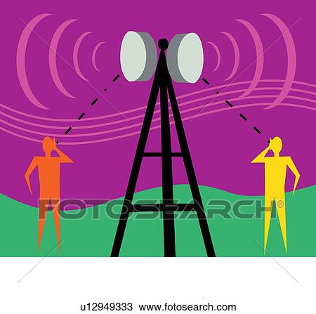 Communication tower with human figures and signals View Large Illustration Drawing - Communication tower with human figures and signals. Fotosearch