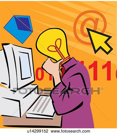 Desktop computer with envelope, light bulb head View Large Illustration Drawing - Desktop computer with envelope, light bulb head . Fotosearch