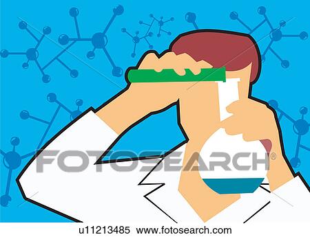 Front view of a scientist pouring liquid into flask View Large Illustration Stock Illustration - Front view of a scientist pouring liquid into flask . Fotosearch