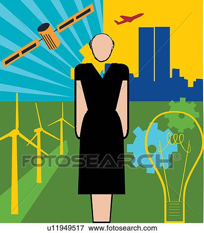 Front view of a woman standing in wind farm View Large Illustration Stock Illustration - Front view of a woman standing in wind farm . Fotosearch