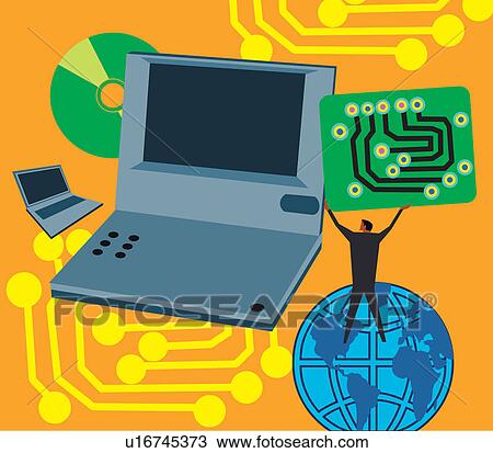 Drawing - Laptop with CD chip and globe. Fotosearch