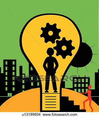 Stock Illustration - Light bulb with a human figures and gears . Fotosearch