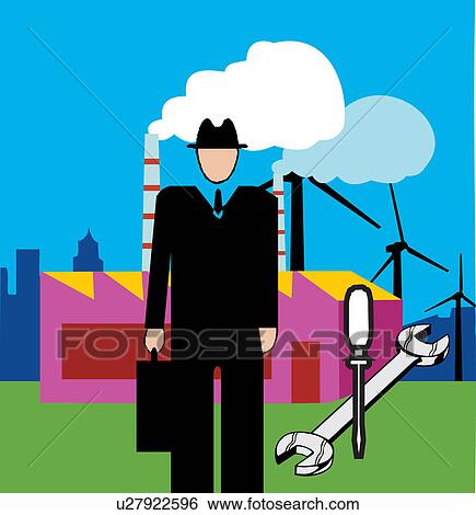 Stock Illustration - Maintenance engineer with tools and power plant in background. Fotosearch