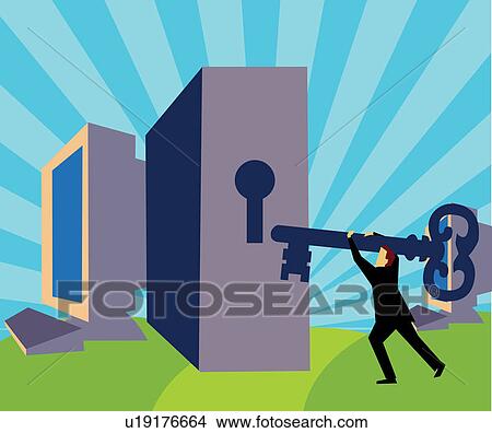 Man holding key in front of a keyhole View Large Illustration Stock Illustration - Man holding key in front of a keyhole. Fotosearch