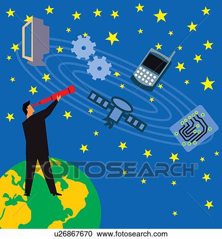 Clipart - Man looking stars through telescope. Fotosearch