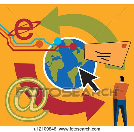 Rear view of a man with globe and internet signs View Large Illustration Stock Illustration - Rear view of a man with globe and internet signs. Fotosearch