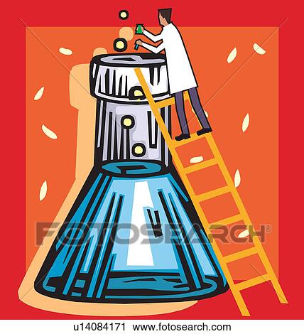 Rear view of a scientist standing on ladder with beaker View Large Illustration Clip Art - Rear view of a scientist standing on ladder with beaker. Fotosearch