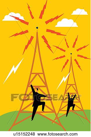 Rear view of maintenance engineers climbing on electricity pylon View Large Illustration Stock Illustration - Rear view of maintenance engineers climbing on electricity pylon. Fotosearch