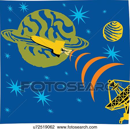 Satellite emitting signals in space with rocket and planet View Large Illustration Drawing - Satellite emitting signals in space with rocket and planet. Fotosearch