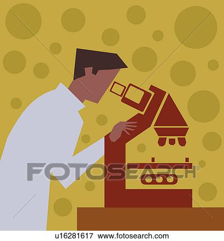 Side view of a scientist looking through a microscope  View Large Illustration Stock Illustration - Side view of a scientist looking through a microscope . Fotosearch
