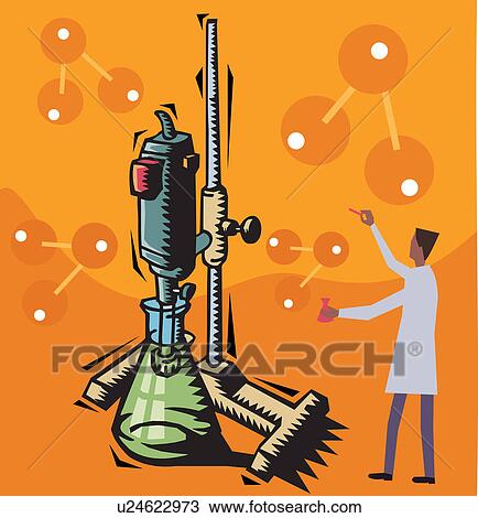 Drawing - Side view of a scientist standing with beaker. Fotosearch