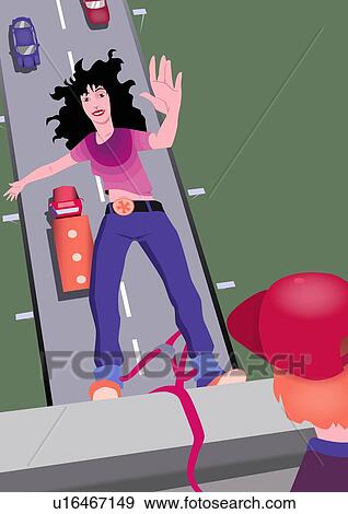 婦女 掉下 從 A 橋梁 栓 到 A 橡皮筋繩子圖解或向量圖 U Fotosearch