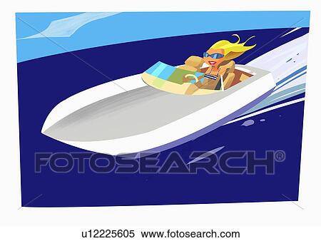 Stock Illustration - Blonde speeding in motor boat. Fotosearch