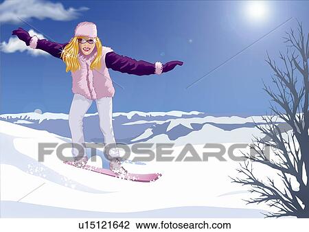 Drawing - Blonde woman snowboarding. Fotosearch
