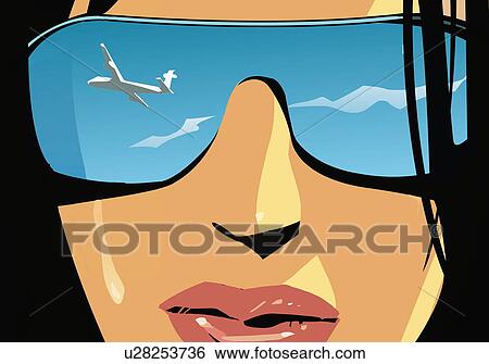 Stock Illustration - Closeup of woman's face with airplane reflected in her mirror shades. Fotosearch