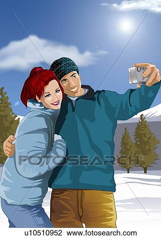 Drawing - Couple photographing themselves in a winter landscape. Fotosearch