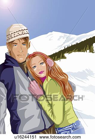 Clip Art - Couple posing in front of snowy mountains. Fotosearch