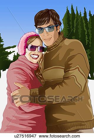 Stock Illustration - Couple posing together in a winter landscape. Fotosearch