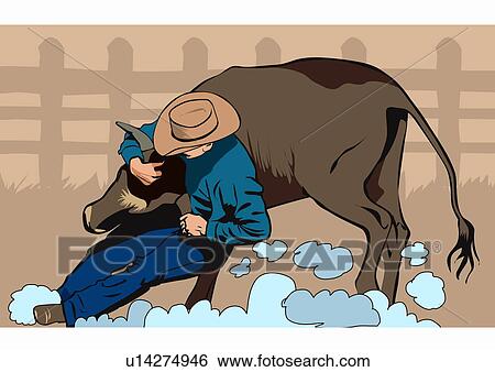 Stock Illustration - Cowboy grabbing a bull by its horns. Fotosearch