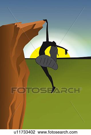 Female rockclimber holding onto cliff with one hand View Large Illustration Drawing - Female rockclimber holding onto cliff with one hand. Fotosearch