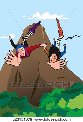 Stock Illustration - Man and woman paragliding hand in hand. Fotosearch