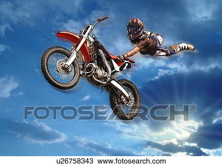 Man flying in the air holding onto the back of his motorbike View Large Illustration Drawing - Man flying in the air holding onto the back of his motorbike. Fotosearch