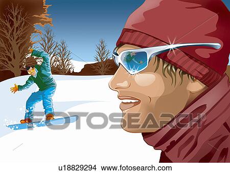 Man in foreground with man in background trying to ski View Large Illustration Stock Illustration - Man in foreground with man in background trying to ski. Fotosearch