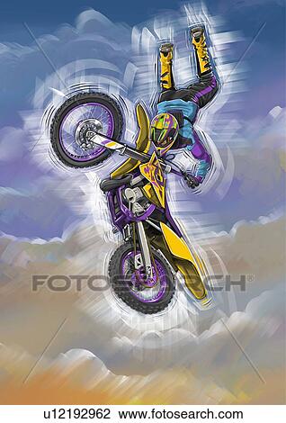 Man jumping through the air with his motorbike View Large Illustration Drawing - Man jumping through the air with his motorbike. Fotosearch