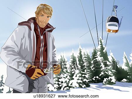 Stock Illustration - Man posing with ski lift in the background. Fotosearch