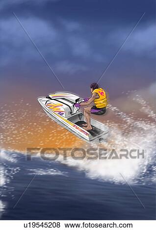 Stock Illustration - Man sailing through the air on a jetski. Fotosearch