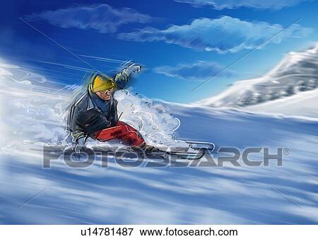 Stock Illustration - Man skiing on snowy hillside. Fotosearch