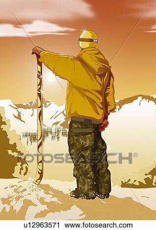 Clip Art - Man standing looking at view with his skis. Fotosearch