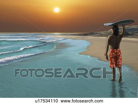 Clipart - Man watching the sunset with a surfboard balanced on his head. Fotosearch