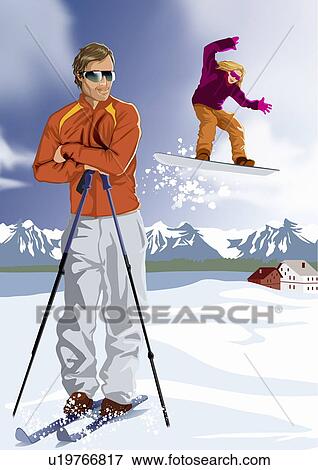 Man with skis resting with snowboarder in the background View Large Illustration Stock Illustration - Man with skis resting with snowboarder in the background. Fotosearch