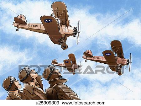 Stock Illustration - Pilots looking at planes flying up in the sky. Fotosearch