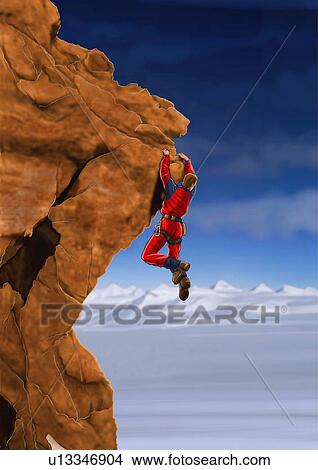 Stock Illustration - Rockclimber hanging off a cliff. Fotosearch