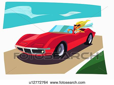 Stock Illustration - Woman in convertible sports car racing down the highway. Fotosearch