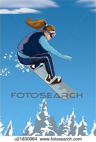 Stock Illustration - Woman in the air on a snowboard. Fotosearch