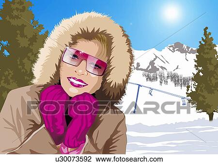 Drawing - Woman posing with her winter garb. Fotosearch
